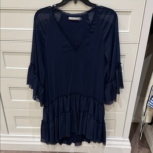 Alice + Olivia Ruffle Tiered Dress V-neck XS navy blue